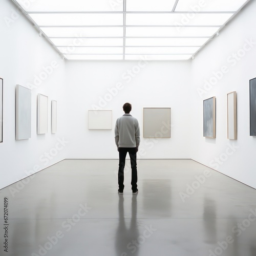 A young man strolls through an empty art gallery, appreciating the tranquil atmosphere and the artwork on display