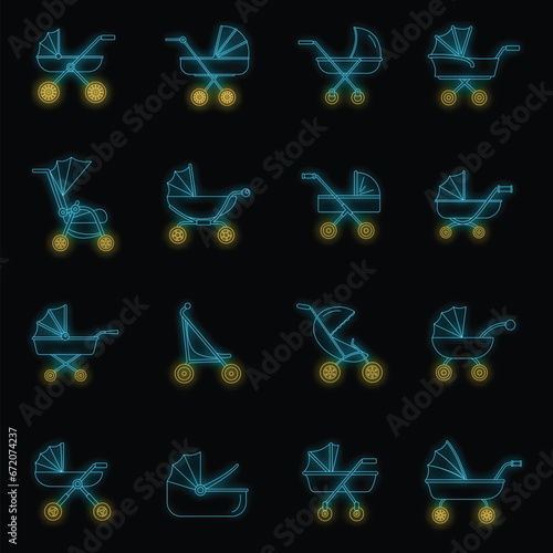 Pram stroller carriage cradle buggy icons set. Outline illustration of 16 pram stroller carriage cradle buggy vector icons neon color on black