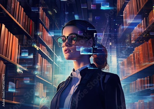A futuristic image of a librarian wearing augmented reality glasses, with virtual bookshelves