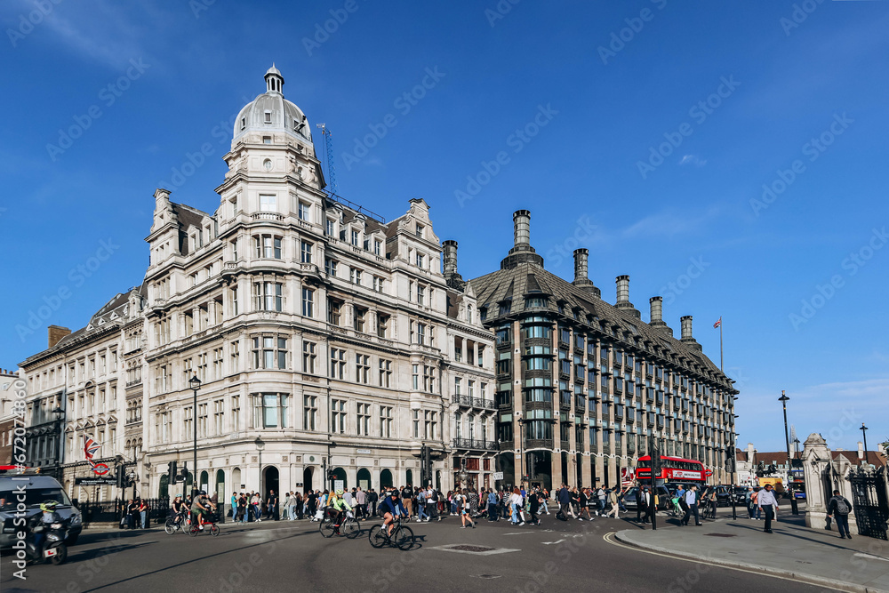 London, United Kingdom - September 25, 2023: Buildings in central London opposite Westminster Abbey