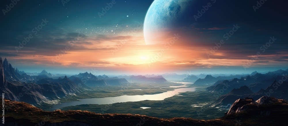 Creating an altered image by manipulating a photograph taken while approaching the view of a planet from the Chelia mountain top