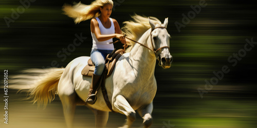 Young woman swiftly riding a horse alone.
