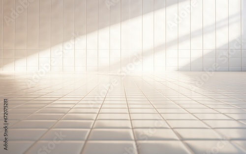 A white tile background illuminated by the gentle warmth of sunlight streaming through. © Nattadesh