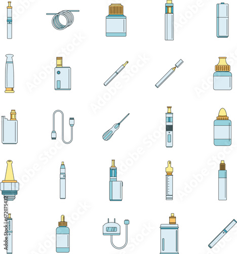 Electronic cigarette mod cig smoke icons set. Outline illustration of 25 electronic cigarette mod cig smoke vector icons thin line color flat on white