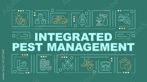 2D integrated pest management text with various thin line icons concept on dark green monochromatic background, editable 2D vector illustration.