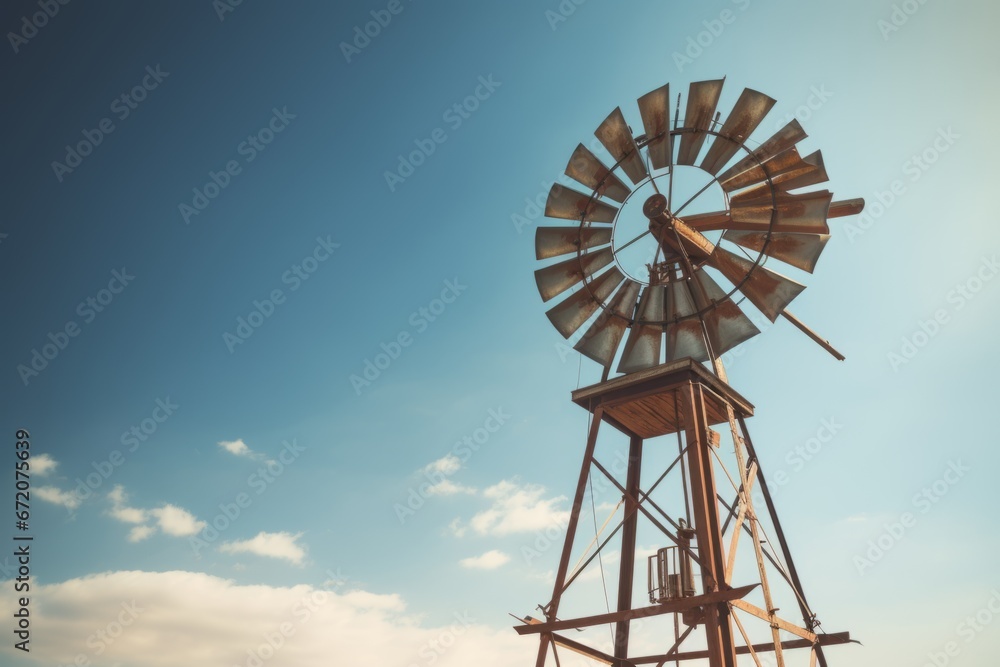 Old windmill wheel alternative energy power farm rural vintage generator sky propeller ecology agriculture production industry equipment isolated outdoors pump mill cloud sunrise tower nature turbine
