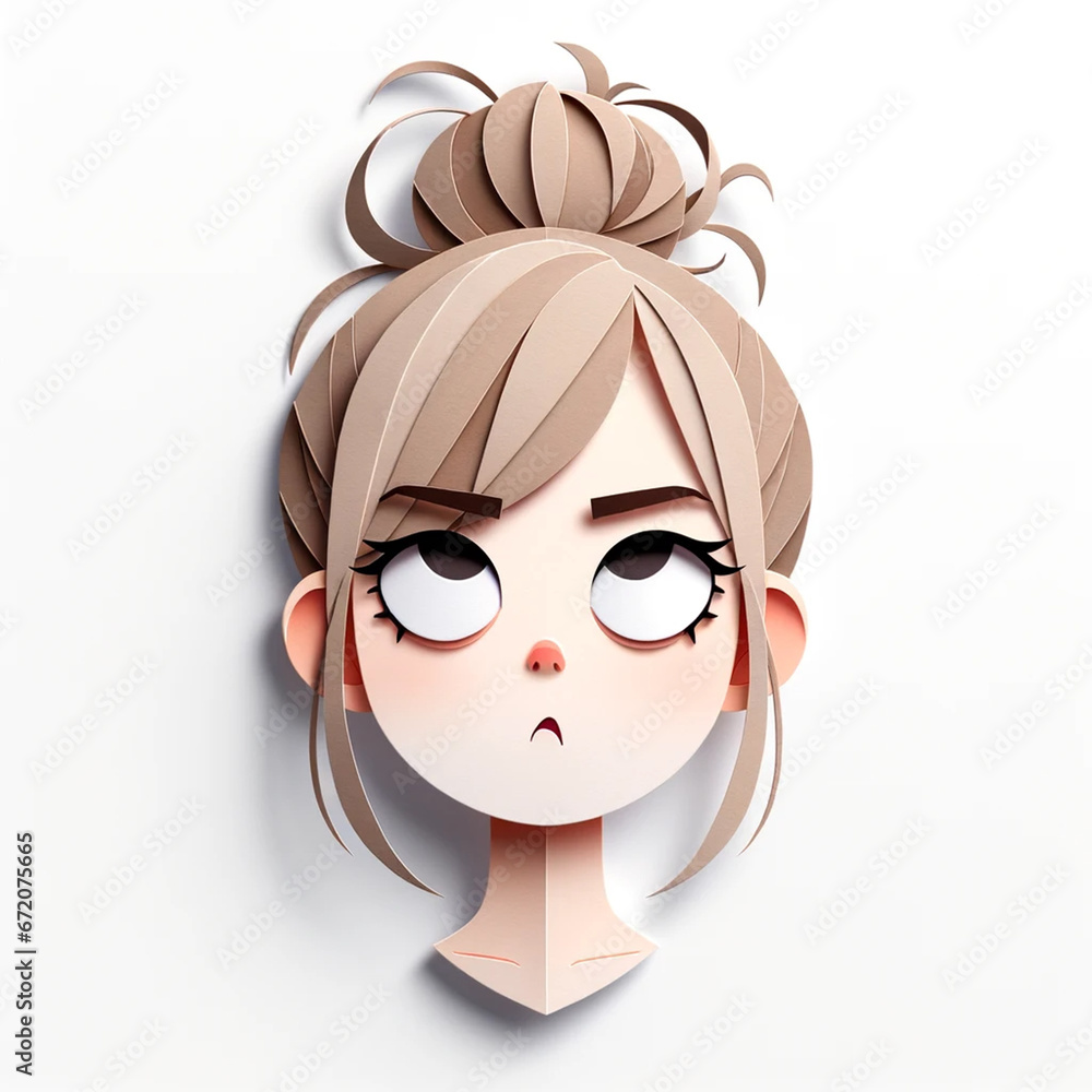 Illustration with a girl's face in an origami style, facial expression - funny
