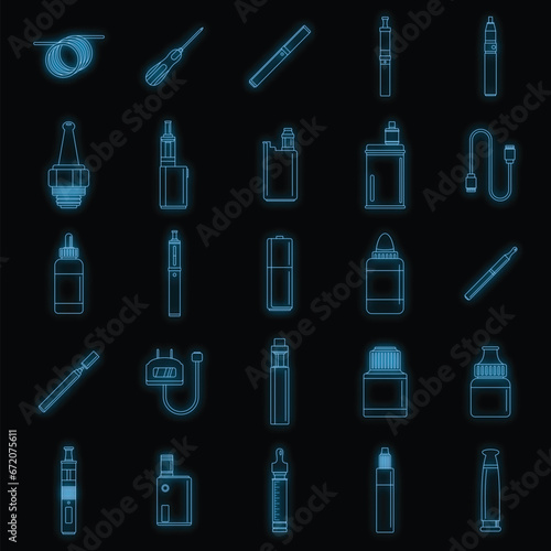 Electronic cigarette mod cig smoke icons set. Outline illustration of 25 electronic cigarette mod cig smoke vector icons neon color on black