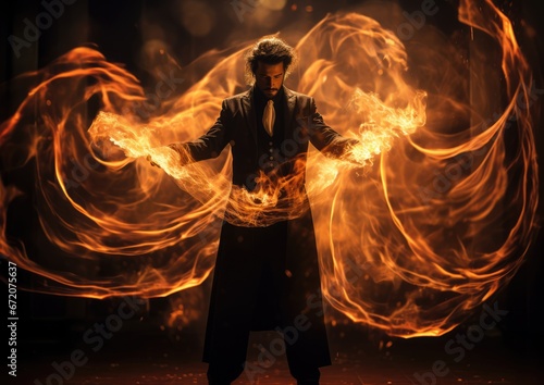 A long exposure shot of a magician performing a fire trick, with the flames creating streaks of