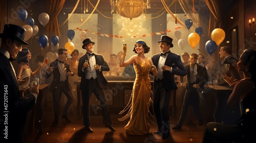 Generate an illustration of a New Year's night speakeasy party, with AI-generated characters in 1920s attire, enjoying the secretive ambiance and live jazz.