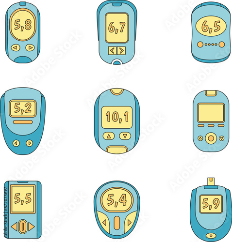Glucose meter sugar blood test device icons set. Outline illustration of 9 glucose meter sugar blood test device vector icons thin line color flat on white