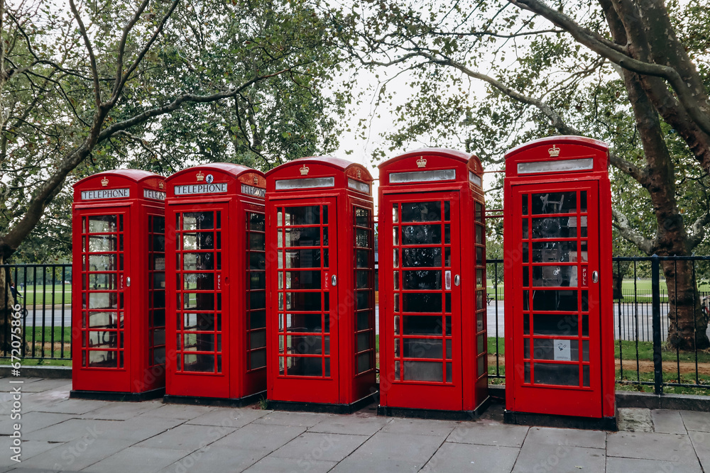 Iconic red telephone boxes in central London Iconic red telephone boxes in central London