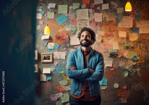 A low-angle shot of an inventor standing in front of a wall covered in sketches and sticky notes,