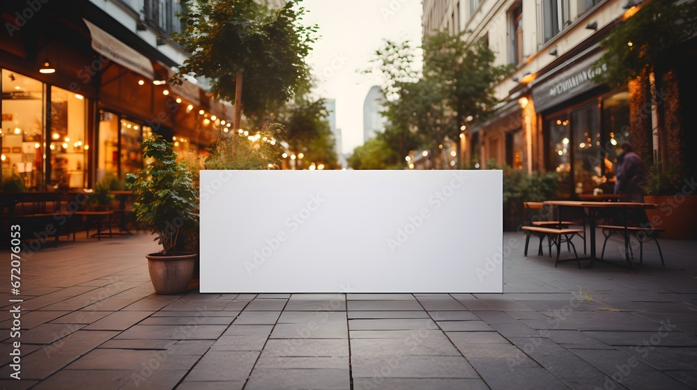 Blank white advertising banner about restaurant entrance on sunset city street background. Generative AI - obrazy, fototapety, plakaty 