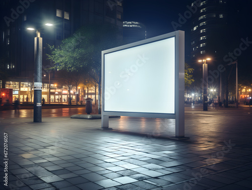 Blank white advertising banner at evening city street. Digital Street Billboard mockup, Blank digital billboard on street in city for advertisement marketing or ad placement. Generative AI