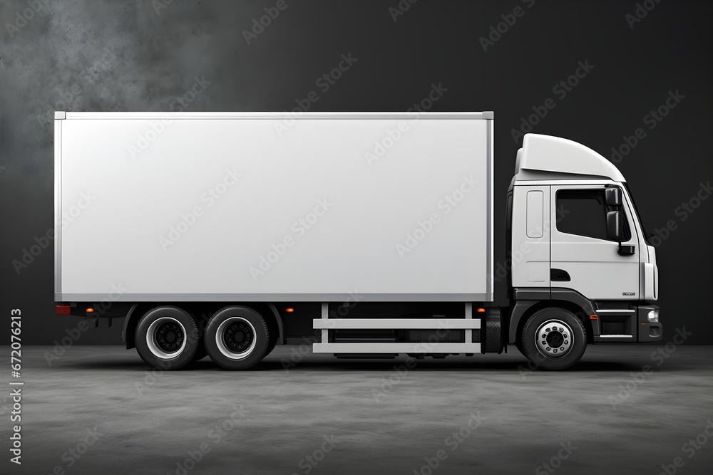 Cargo truck with blank side mock up on gray background. Generative AI Cargo truck with blank side mock up on gray background. Generative AI