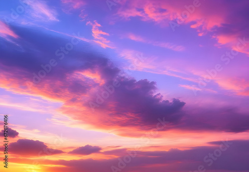Purple orange pink sunset. Beautiful evening sky with clouds background for design. © SandyHappy
