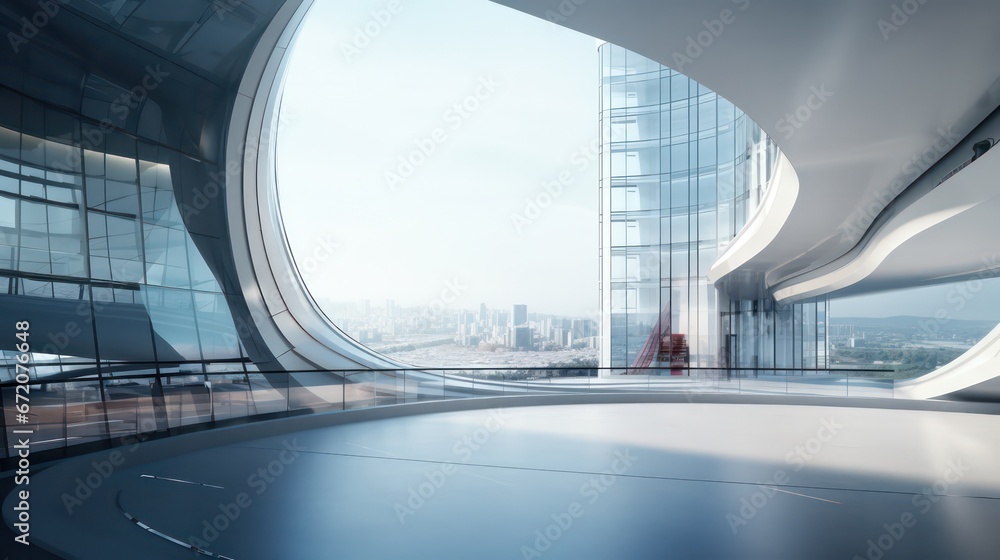 High-angle view of futuristic architecture featuring a skyscraper office building adorned with curved glass windows, showcasing modern and sleek design. - obrazy, fototapety, plakaty 