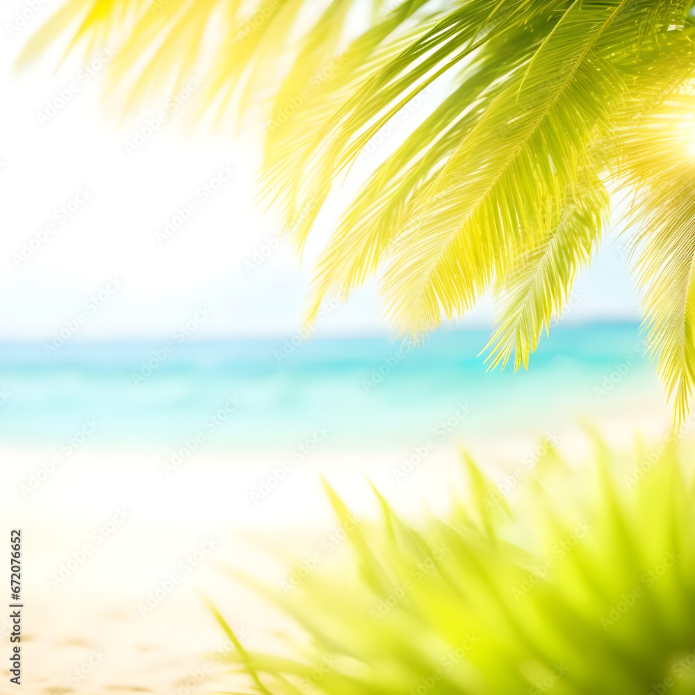 Abstract seascape with palm tree, tropical beach background. blur bokeh light of calm sea and sky. summer vacation background concept. Blurred background of sea and green palm