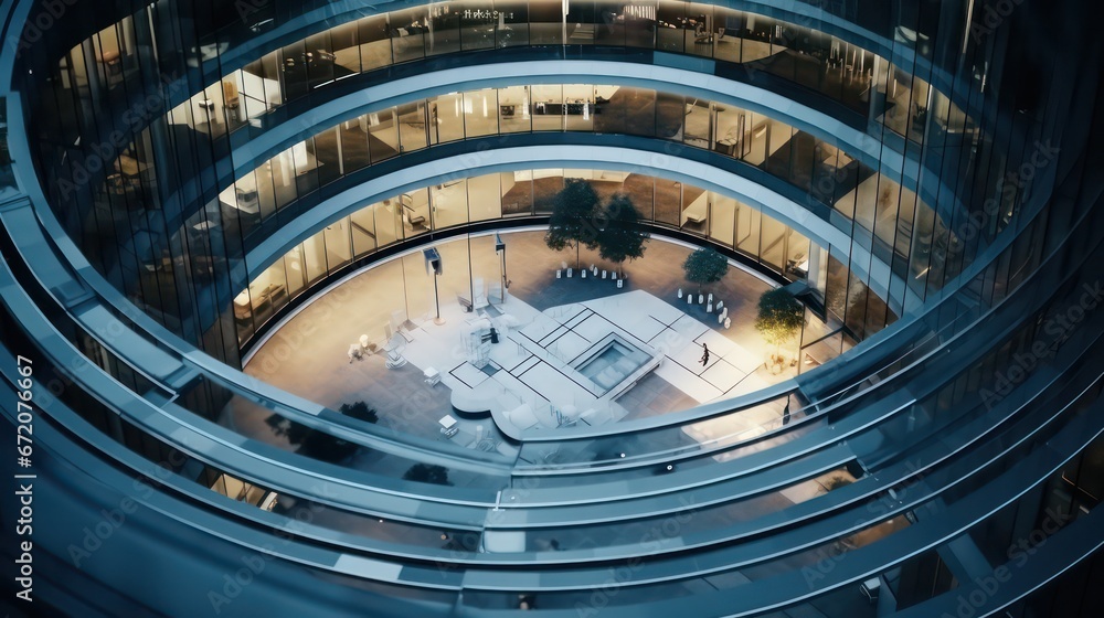 High-angle view of futuristic architecture featuring a skyscraper office building adorned with curved glass windows, showcasing modern and sleek design.