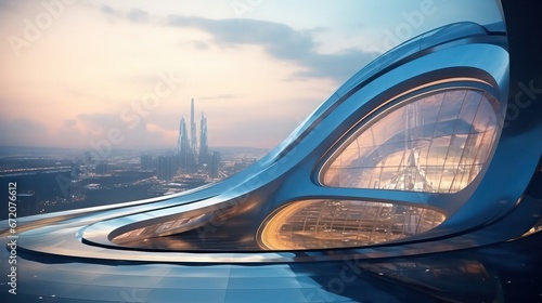 High-angle view of futuristic architecture featuring a skyscraper office building adorned with curved glass windows, showcasing modern and sleek design. © Nattadesh