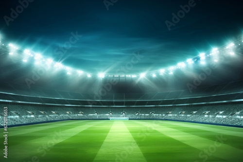 Soccer stadium with bright lights and green football or soccer fields background. High quality photo