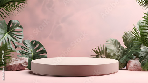 Elegant pastel pink circle single podium mockup in sunlight with shadow on soft light sunny background, copy space. Template scene for advertising,