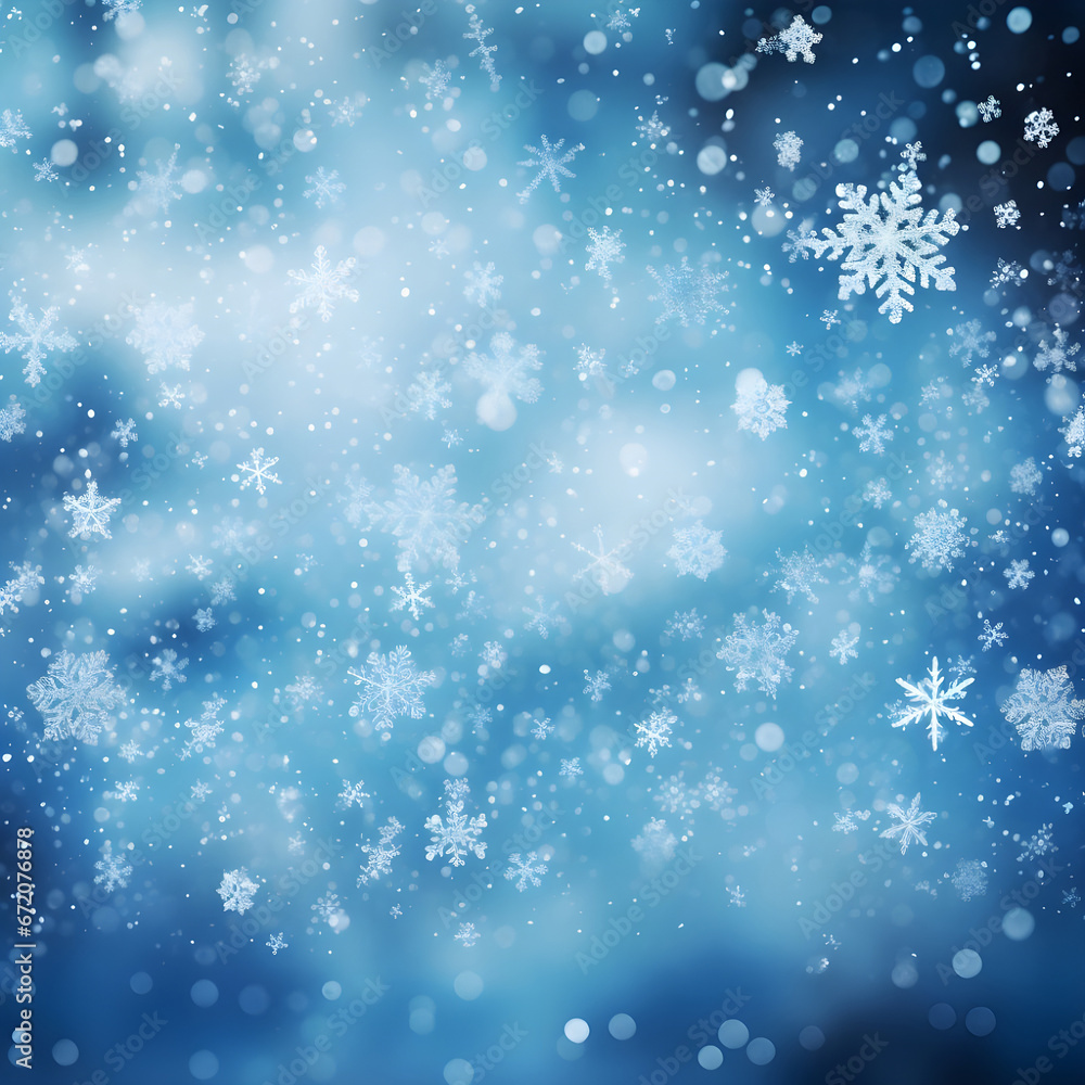 Soft blue snowfall Winter background, ice crystal snowflake in the snow with copy space. Snowflake shaped bokeh. Combined with blue background.