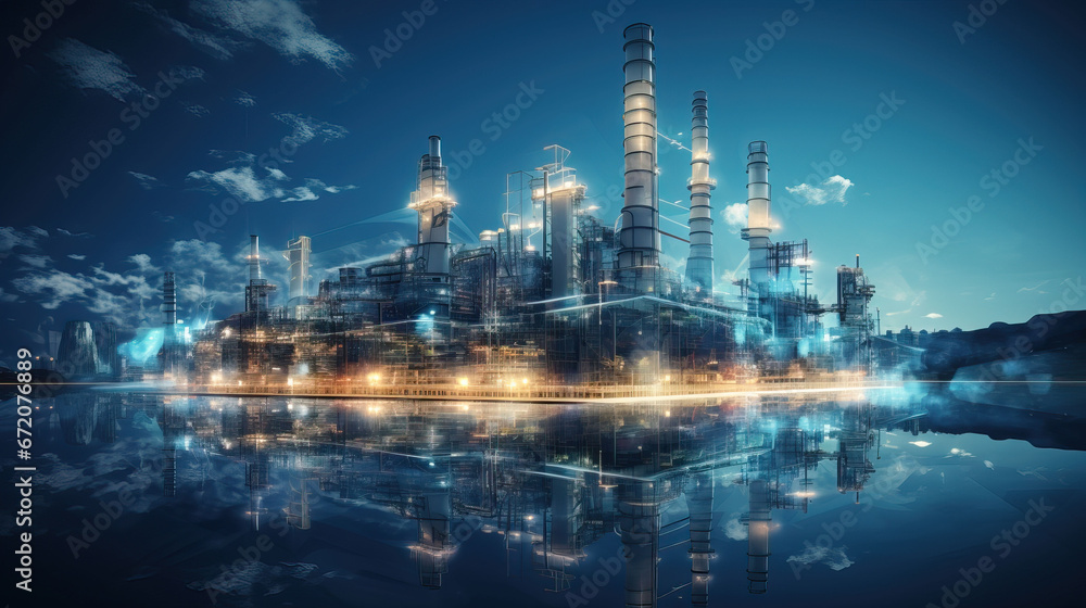 Refinery plant at night with reflection in water. Energy and industry concept