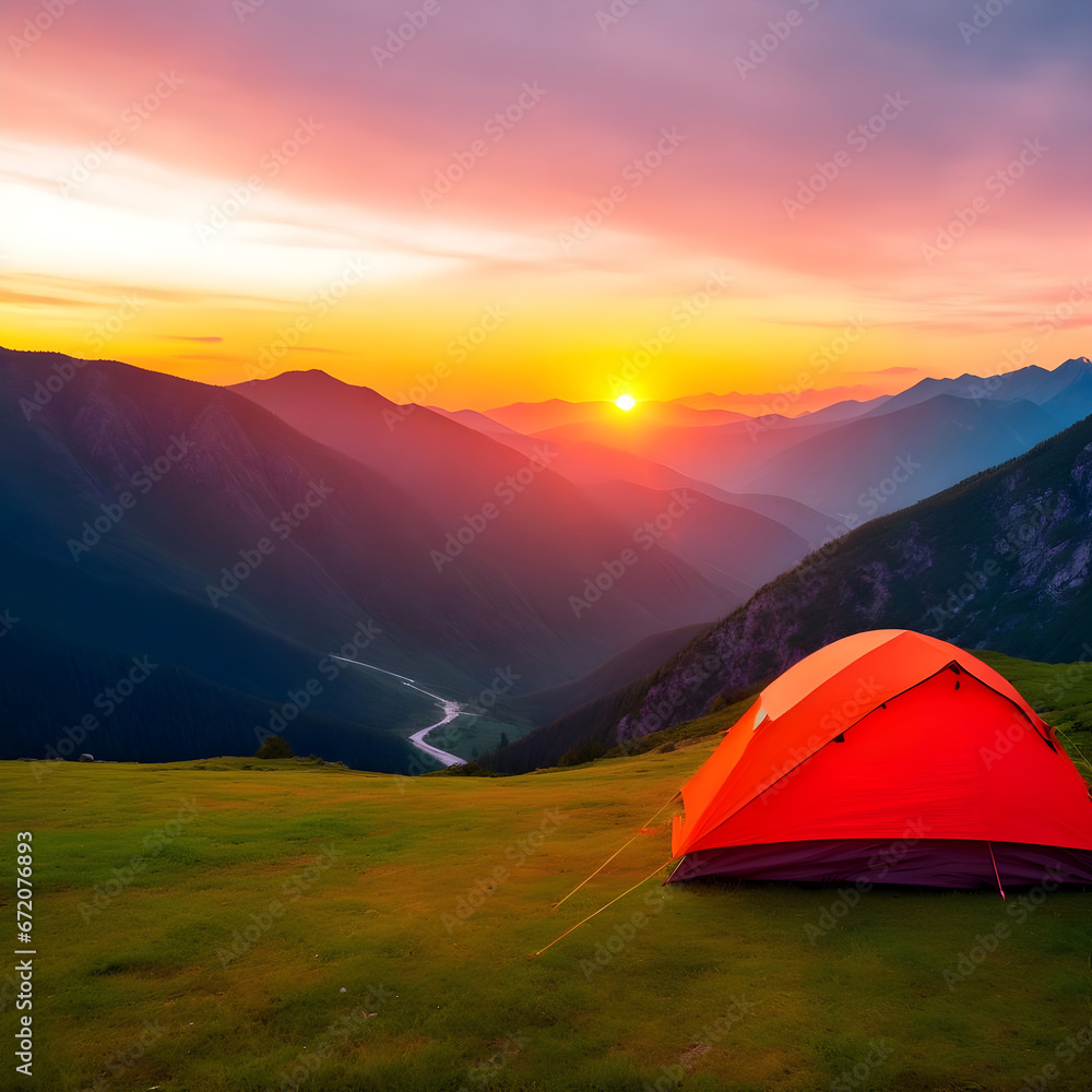 Tent against the backdrop of an incredible mountain landscape with dramatic sky and clouds. Adventure travel active lifestyle freedom concept. Camping in the mountains with tent standing on a hill.