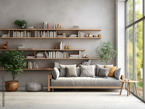 Grey sofa against window and book shelving unit. Scandinavian home interior design of modern living room. Generative AI photo