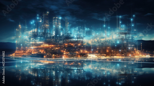 Refinery plant at night with reflection in water. Energy and industry concept