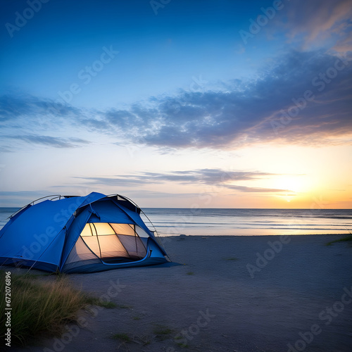 Blue tent on sandy wild beach at twilight. Tent camping in summer on the beach sea and sunset sky background.