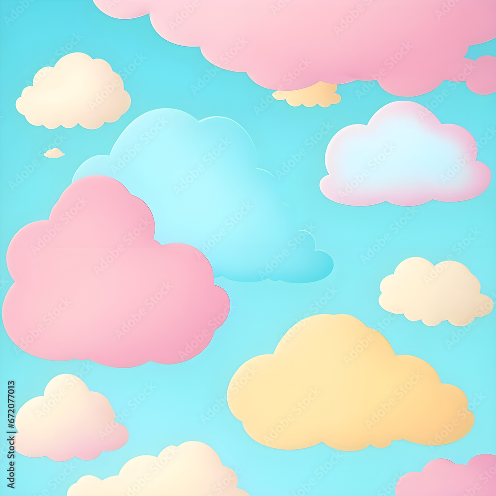 Beautiful white puffy clouds against pastel sky. Fluffy cloud against white and pastel gradient background. Abstract white cloudy cute vector isolated.