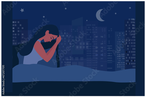 Insomnia woman sitting on bed at night vector illustration. Sleepless woman suffering from insomnia and depression concept