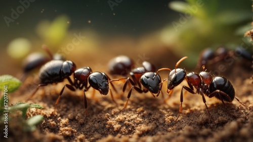 Close-up high-resolution image of an ant colony. Generative AI. photo
