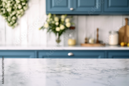 Close up of white marble table with blurred modern kitchen set blue color background. High quality photo