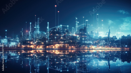 Refinery plant at night with reflection in water. Energy and industry concept