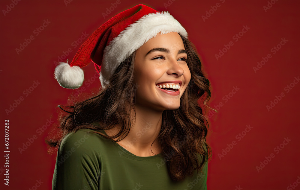 Woman wearing red Santa's hat, Christmas banner Woman wearing red Santa's hat, Christmas banner