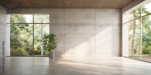 Contemporary empty hall  overlooking the living room. The space features concrete floors  plank ceilings  and blank white walls  providing ample copy space. Sunlight filters into the room.