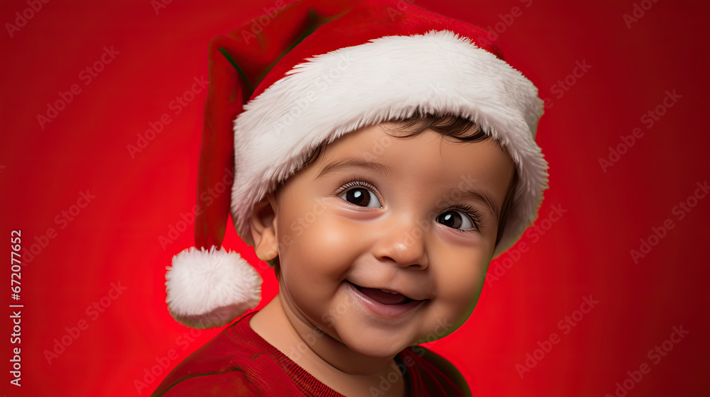Toddler baby wearing red Santa's hat on a red background Toddler baby wearing red Santa's hat on a red background