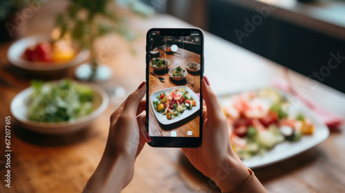Closeup of female hands holding modern smartphone with blank screen for your text message or design, order food online concept, mock-up of mobile phone, tasty breakfast on the background.