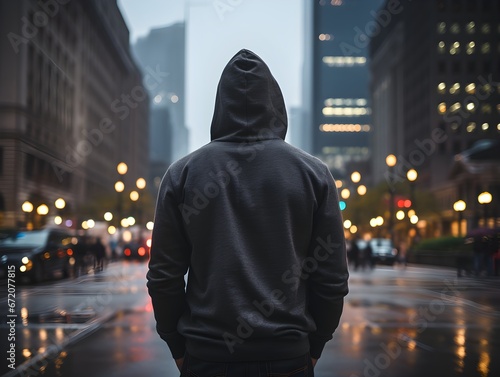 photo and focus of the back of a man wearing a black hoodie in the city. Generative AI