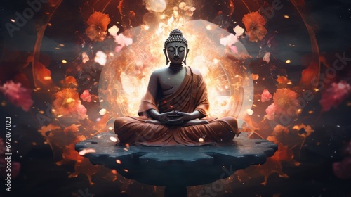 A surreal digital illustration depicting Buddha seated in a lotus position. 