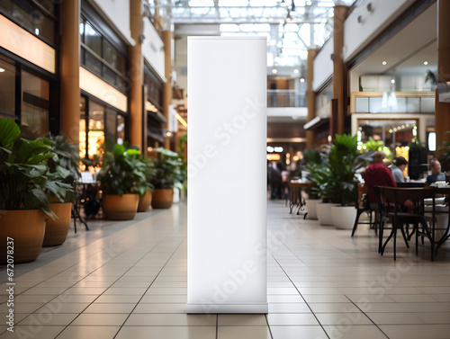 roll up mockup poster stand in an shopping center or mall environment as wide banner design with blank empty copy space area. Generative AI