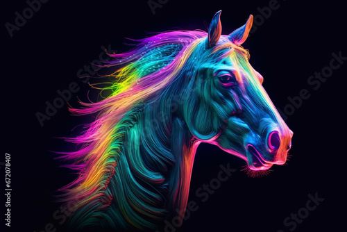 Horse with neon effect. Dynamics of power. Speed of thought. Portrait of a horse.