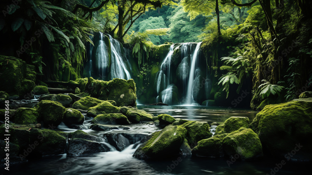 Serene cascading waterfall hidden amidst, emerald forest, a tranquil oasis offering respite from the bustling world. Serene cascading waterfall hidden amidst, emerald forest, a tranquil oasis offering respite from the bustling world.