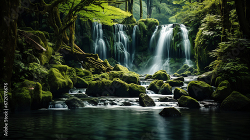 Serene cascading waterfall hidden amidst  emerald forest  a tranquil oasis offering respite from the bustling world.