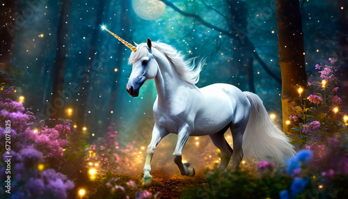 Unicornio galopando en bosque fantástico con flores y luciérnagas photo