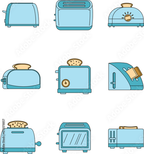 Toaster kitchen bread gourmet oven icons set. Outline illustration of 9 toaster kitchen bread gourmet oven vector icons thin line color flat on white